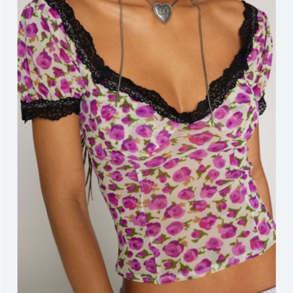 Kimchi Blue Tops - Kimchi Blue Purple Floral Blouse with Black Lace